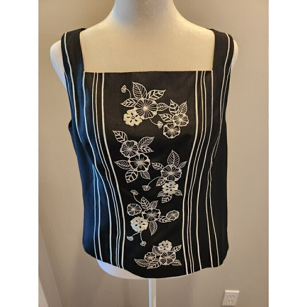 Adrianna Papell Vintage Silk Tank Black Embroidered Floral Side Zip Sz 6 EUC